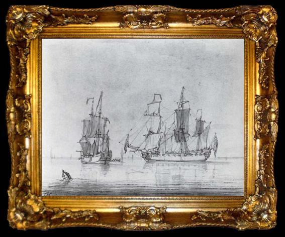 framed  Francis Swaine A drawing of a small British Sixth-rate warship in two positions, ta009-2